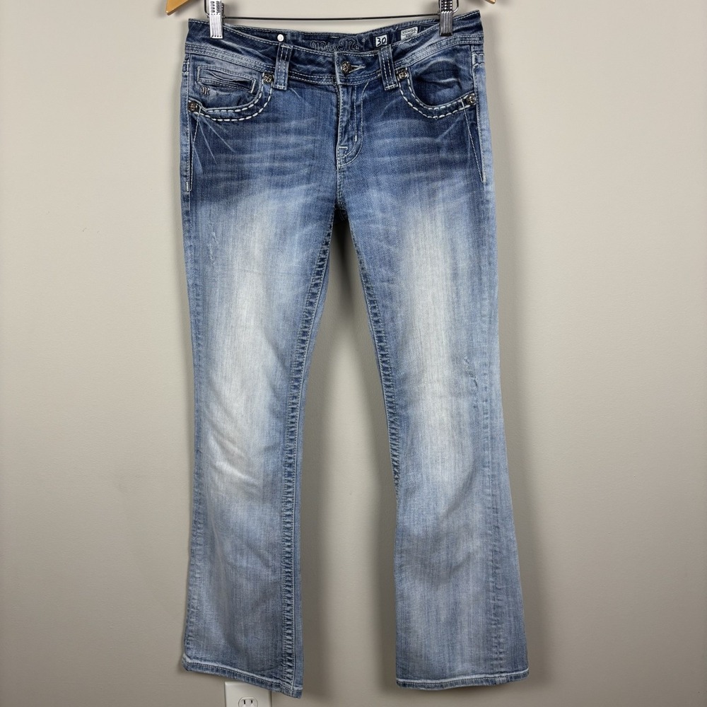 Miss Me‎ Boot Jeans 30 Blue Denim Y2K Cross Bling Studded Pockets Stretch Denim
